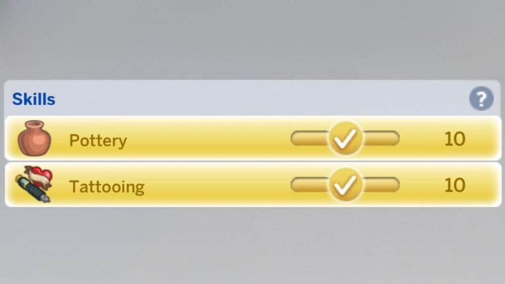 A screenshot from The Sims 4 showing a sim with maxed pottery and tattooing skills