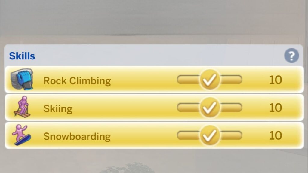 A screenshot from The Sims 4 showing a sim with all snowy escape skills maxed out