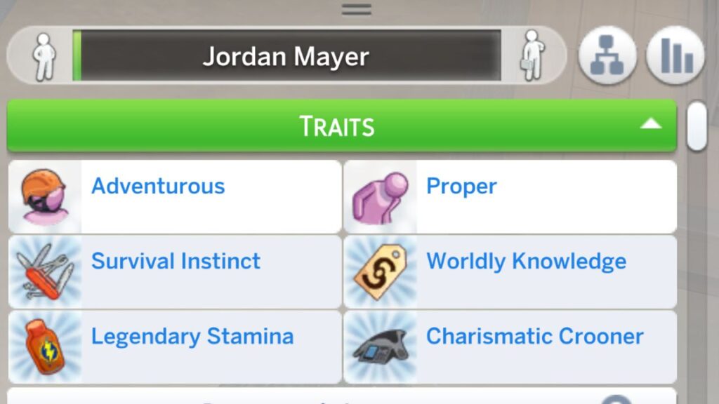 A screenshot from The Sims 4 showing a sim who has all six traits from Snowy Escape through cheats