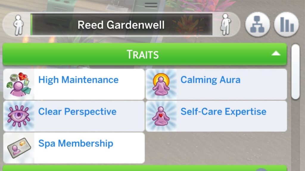 A screenshot from The Sims 4 showing a sim with all of the spa day traits that were used in traits 