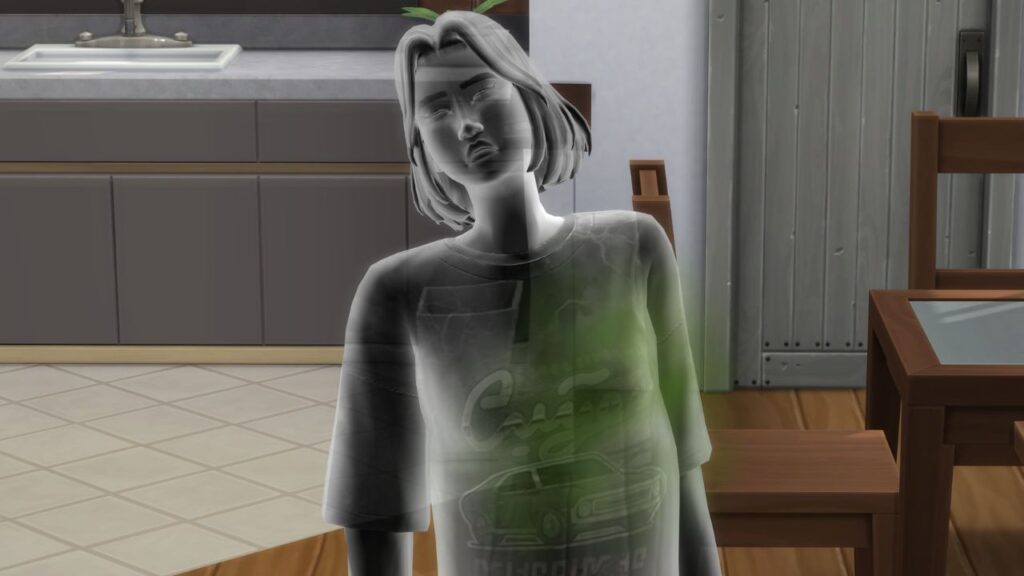 A screenshot from The Sims 4 showing a grey ghost with a green smoke 