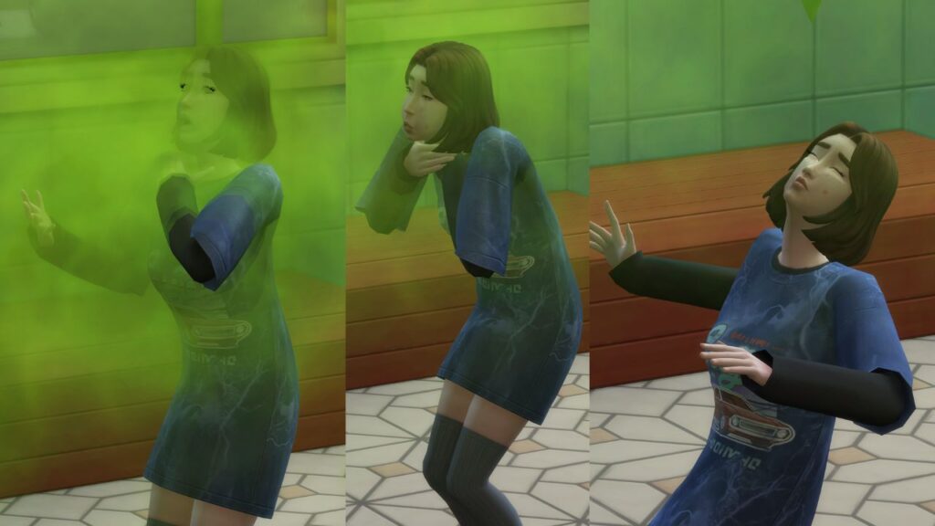 A screenshot from The Sims 4 showing the stages of a sim getting caught up in a stink explosion 