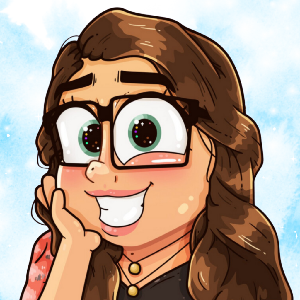 This image is a cartoon style avatar for Taylor, the creator of this website. In this image the cartoon has large square glasses, brown curly hair and a big smile 