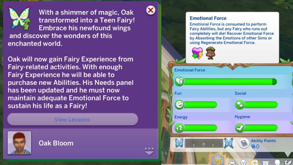 A screenshot from The Sims 4 showing the notification when a fairy ages up to a teen