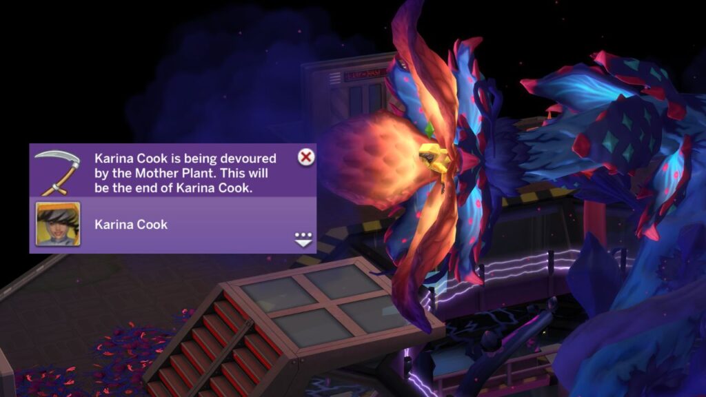 A screenshot from The Sims 4 showing a sim being swallowed by The Mother Plant