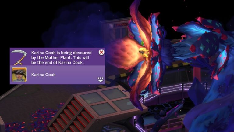 A screenshot from The Sims 4 showing a sim being swallowed by The Mother Plant