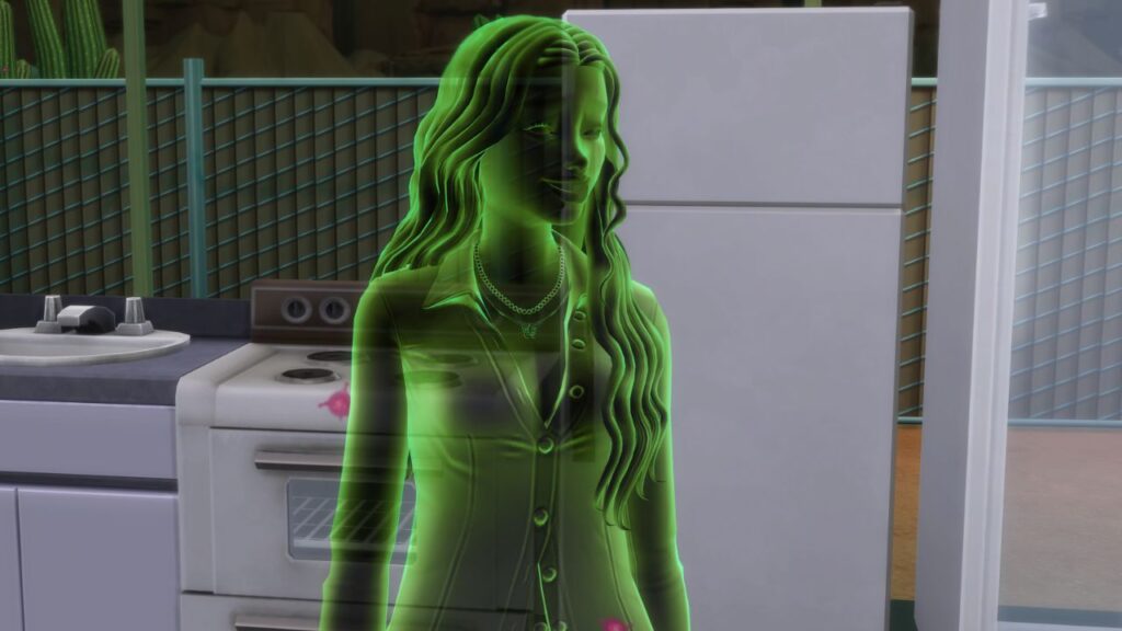 A screenshot from The Sims 4 showing a green ghost in a kitchen with spores around them