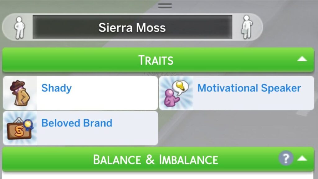A screenshot from The Sims 4 showing the simology panel for a sim with the shady, beloved brand, and motivational speaker traits.