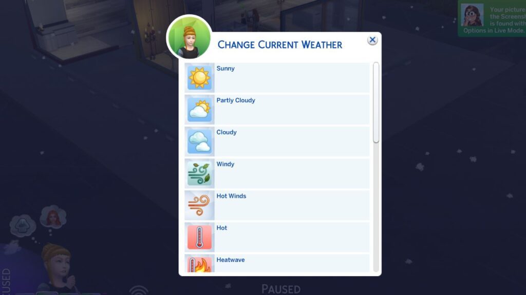 A screenshot from The Sims 4 showing how to change weather in with UI Cheats 