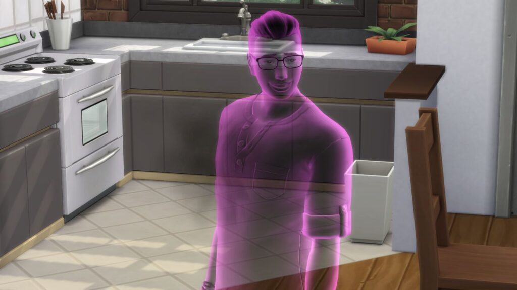 A screenshot from The Sims 4 showing a pink ghost with black smoke around them 