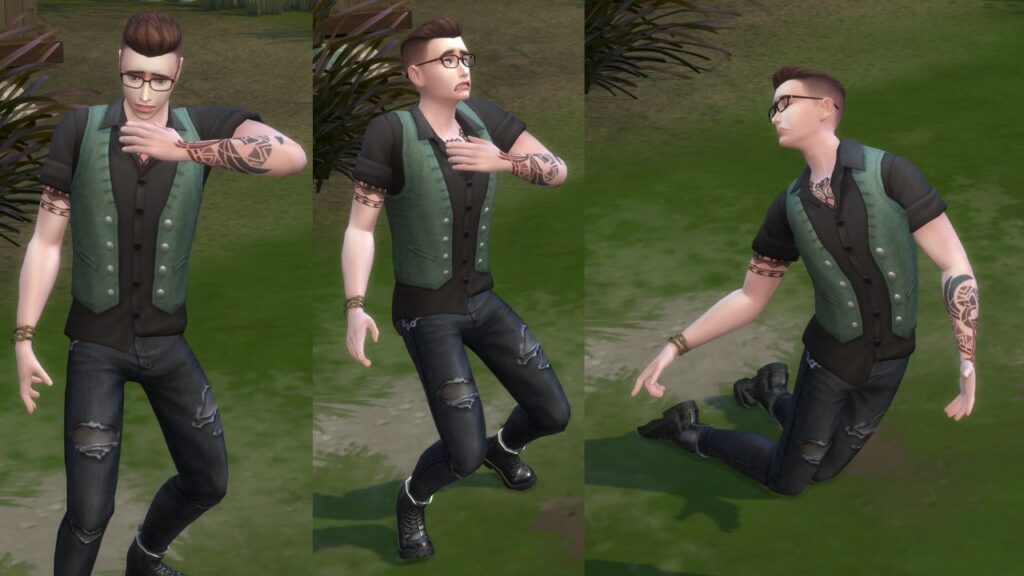 A screenshot from The Sims 4 showing three stages of a sim dying from an urban myth 