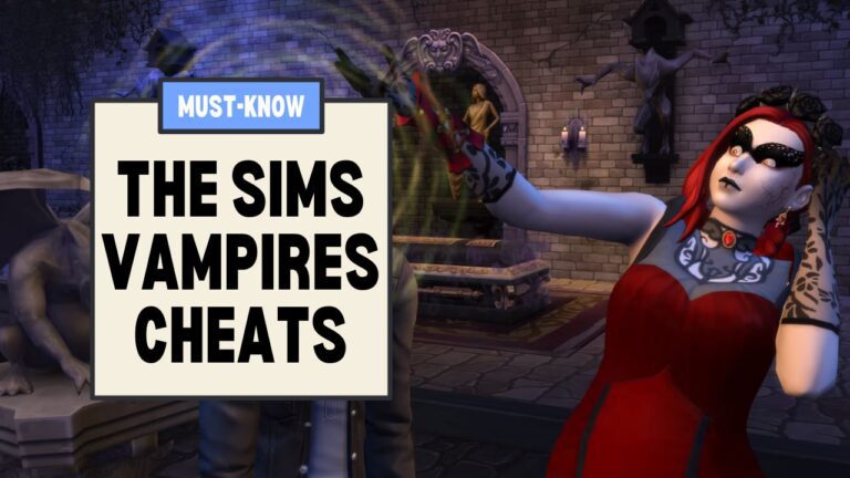 This image has a set of boxes on the left with "Must Know The Sims Vampire Cheats" written in them. Beside that is a vampire with red hair in a red dress