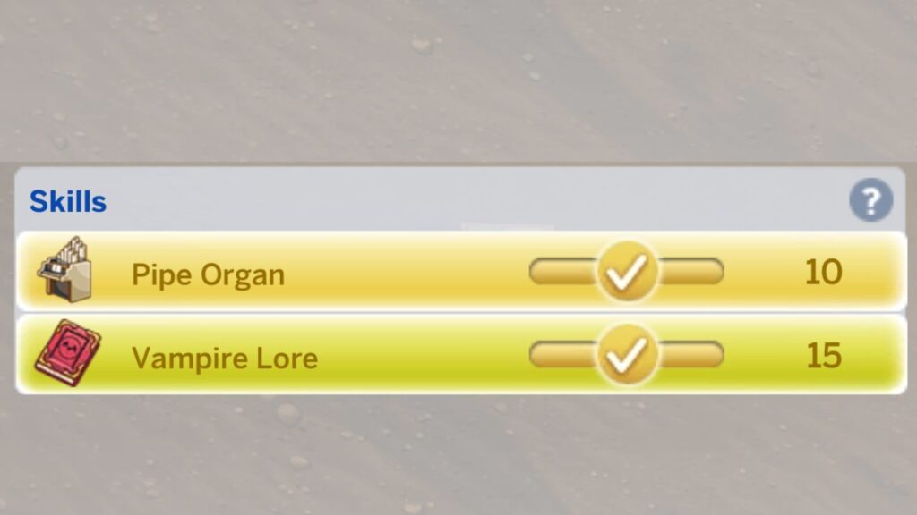 A screenshot from The Sims 4 showing a sim with max pipe organ and vampire lore 