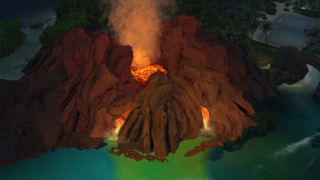 A screenshot from The Sims 4 showing an erupting volcano on Sulani 