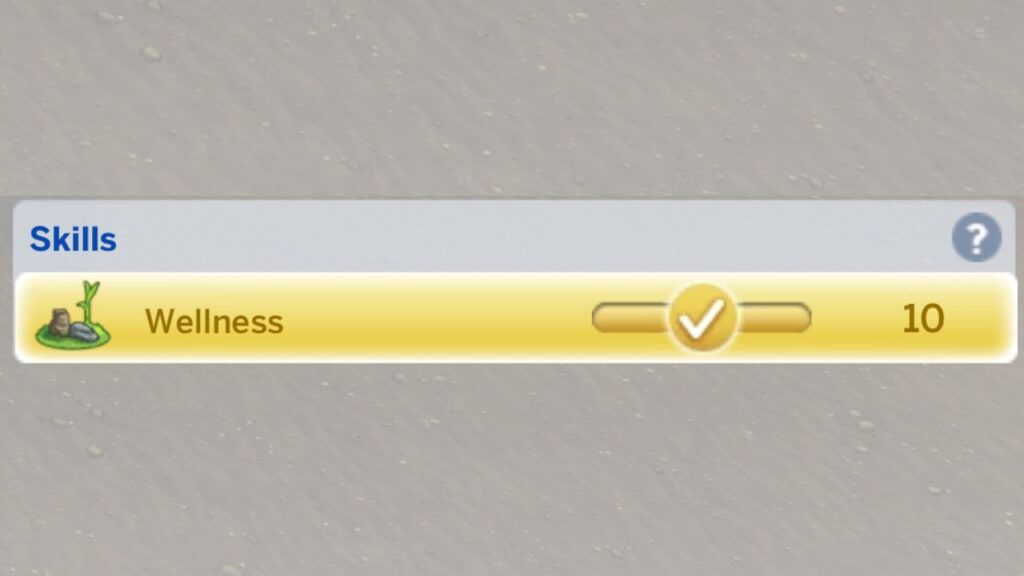 A screenshot from The Sims 4 showing a sim with maxed wellness skill 