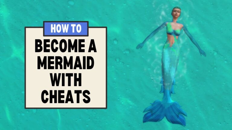 This image has a bunch of boxes on the left side with text reading "how to become a mermaid with cheats" and beside that is a sim who is a mermaid floating on their back