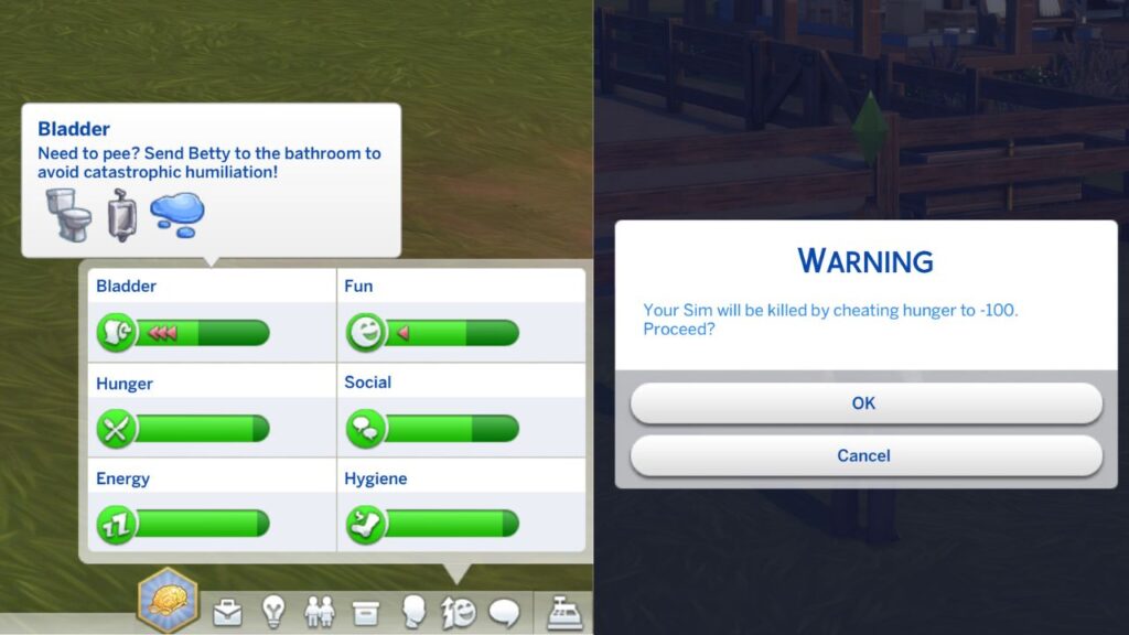 A screenshot from The Sims 4 showing how to cheat needs with ui cheats 