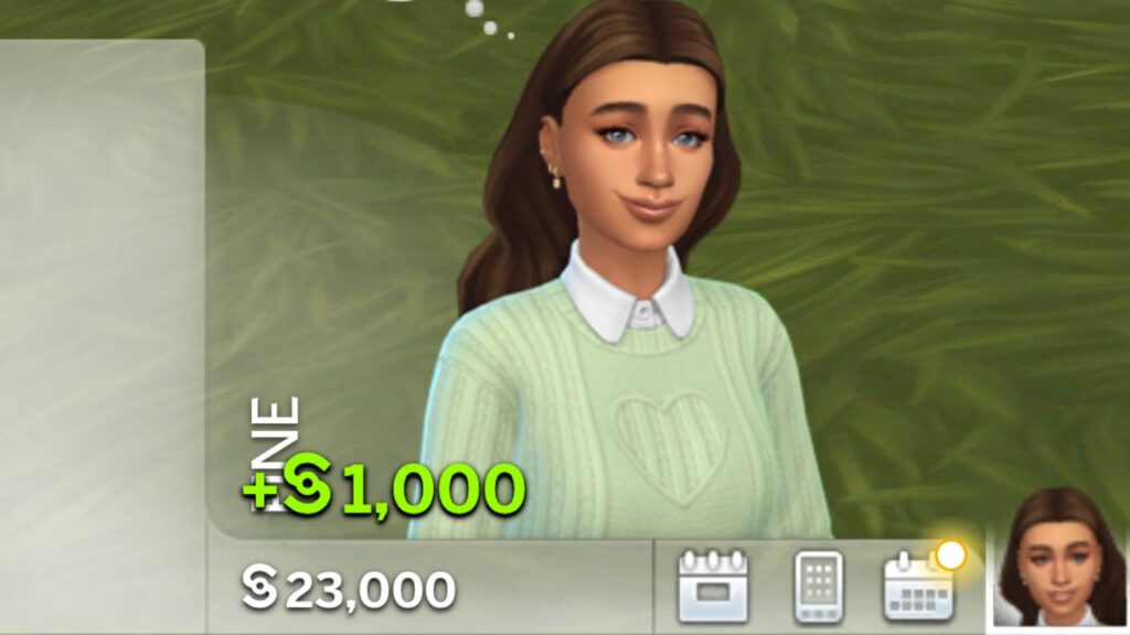 A screenshot from The Sims 4 showing the 1000 simoleon cheat 