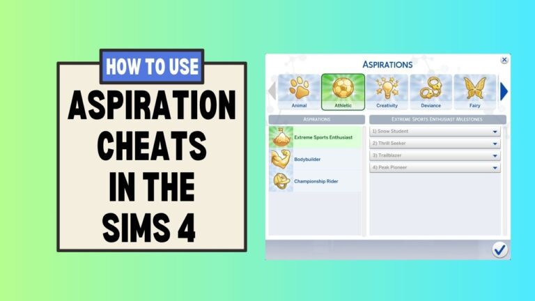 This image has a green to blue gradient background with boxes on one side, it says "how to use aspiration cheats in the sims 4" and on the right is the aspiration menu
