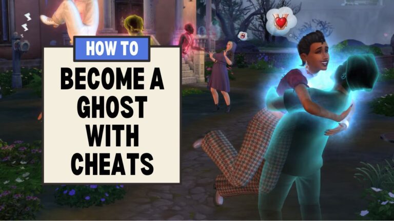 This image has a set of boxes on the left side with text that says "how to become a ghost with cheats" and beside that is an image from The Sims 4 of a ghost hugging a sim.