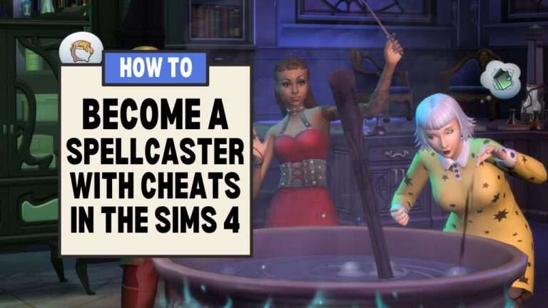 This image has a set of boxes on the left with text that says "how to become a spellcaster with cheats in the sims 4" and beside that is a sim making potions.