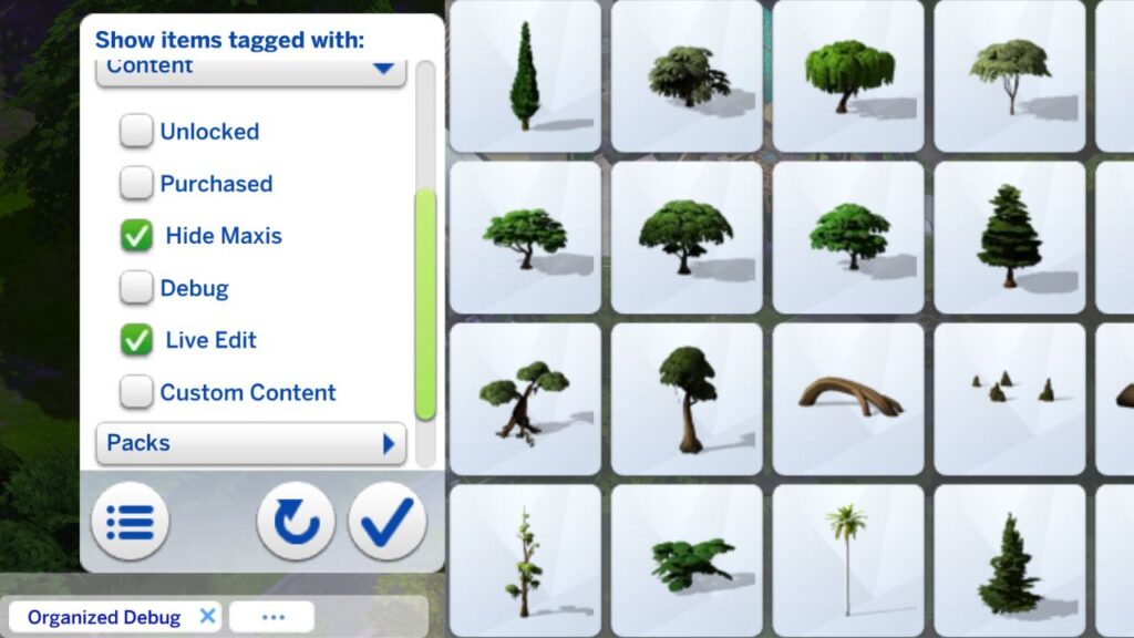 A screenshot from The Sims 4 showing how to sort by live edit for finding landscaping with cheats 
