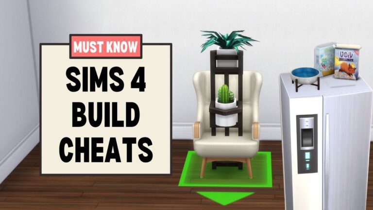 This image has a set of boxes on the left with "must know sims 4 build cheats" in text. Beside that is a plant inside of a chair and a set of decor on a fridge