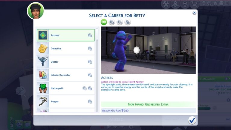 This is a screenshot from The Sims 4 showing the career panel