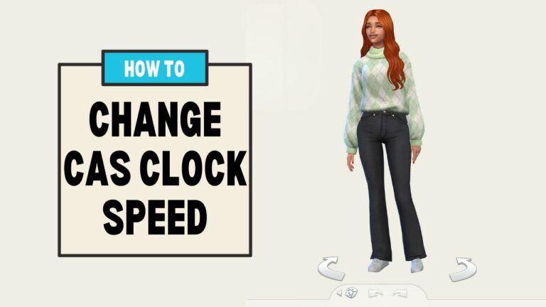 This image has a set of boxes on the left that say "how to change cas clock speed" and beside that is a sim with red hair wearing black jeans and a green argyle sweater