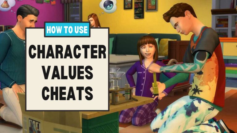 This image has a set of boxes on the left side with text that says "how to use character values cheats" and beside that is a child and a teen doing a school project