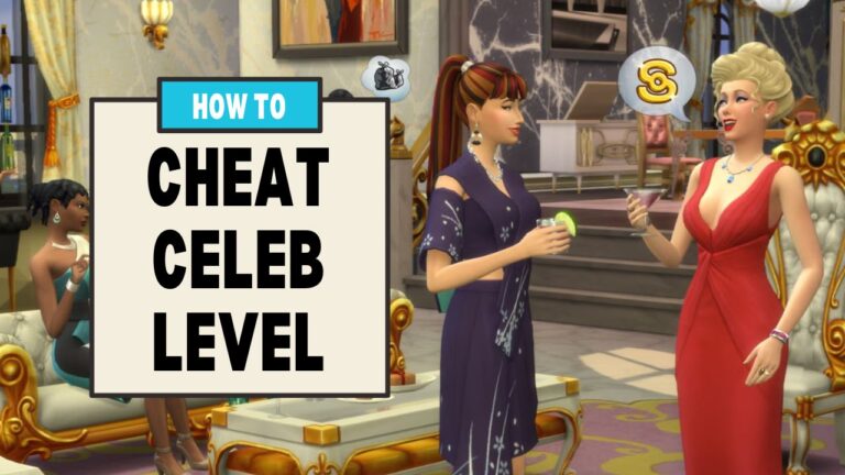 This image has a box on the left that says "how to cheat celeb level" and beside that are two sims chatting with one having a fame shine