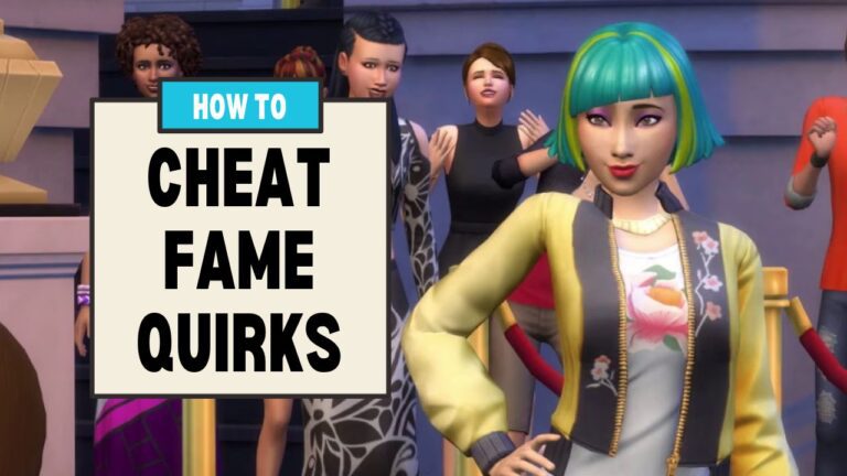 This image has boxes with text that say "how to cheat fame quirks" and beside that is a sim named Vanessa with green hair posing