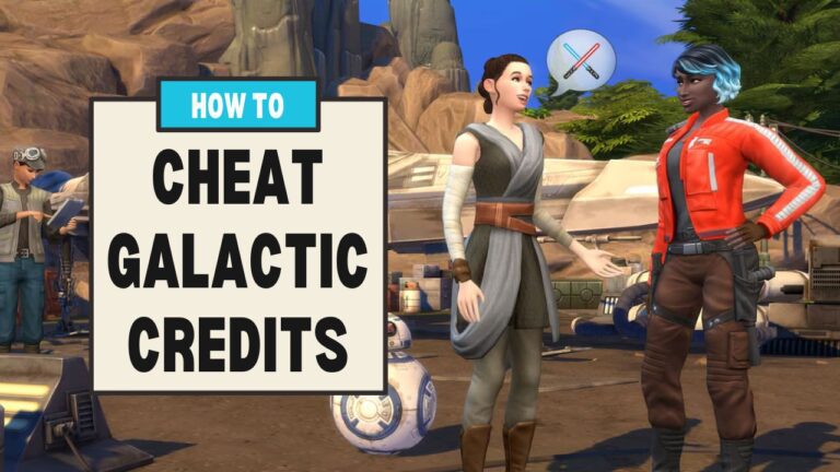 This image has a set of boxes on the left with text saying "how to cheat galactic credits" and beside that are two sims talking in batuu
