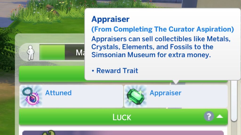 A screenshot from The Sims 4 showing a sim with the attuned and appraiser trait