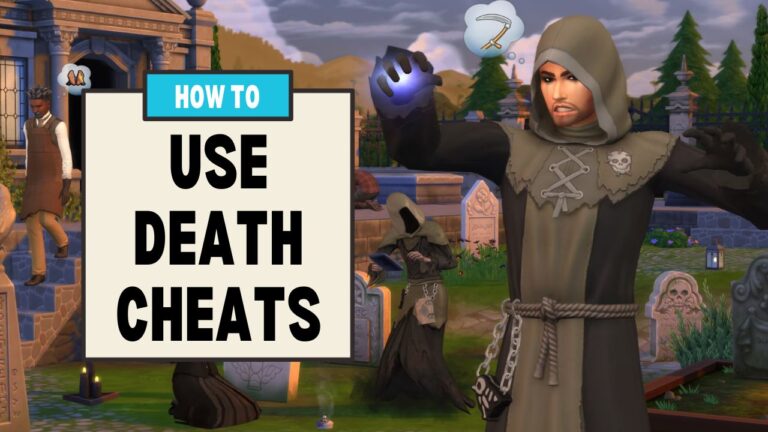 This image has a set of boxes on the left side with text that reads "how to use death cheats" and beside that is a sim dressed as the grim reaper