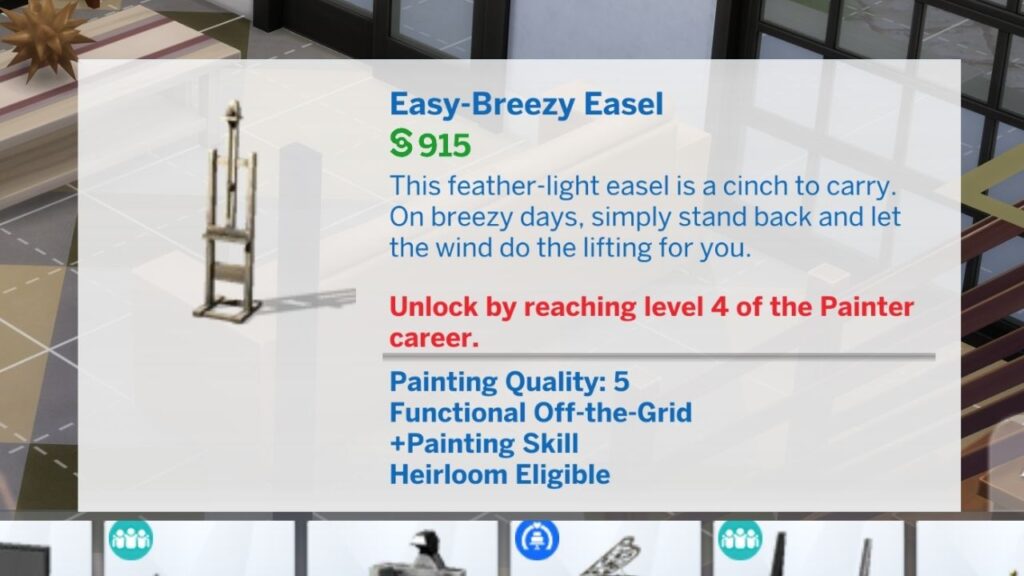 A screenshot from The Sims 4 showing the Easy-Breezy Easel in build mode which is locked behind the painter career 