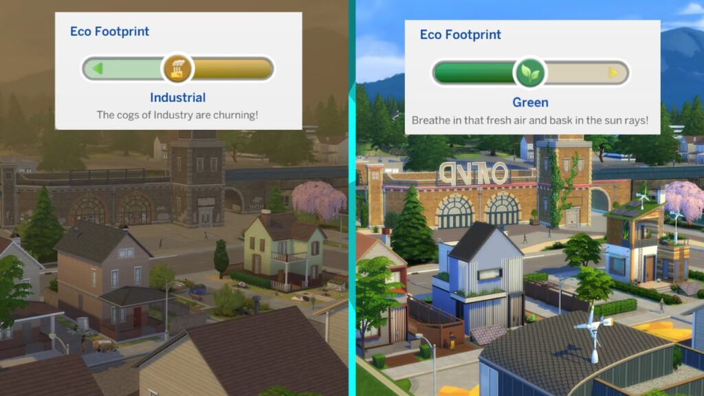 This is a set of two screenshots from The Sims 4. One has an industrial neighbourhood and one has a green neighbourhood for the eco footprint