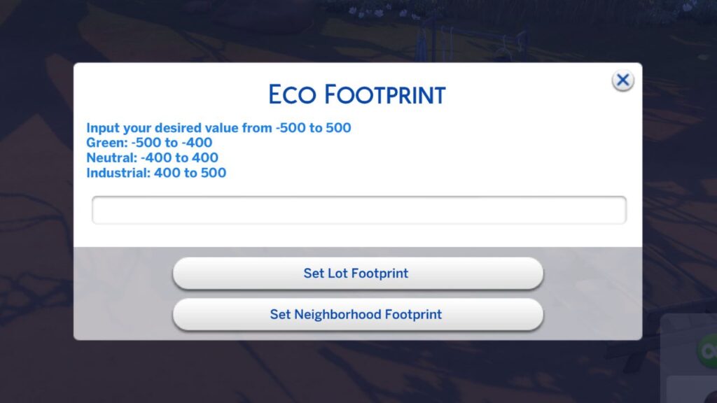 A screenshot from The Sims 4 showing the menu to change the eco footprint with ui cheats 