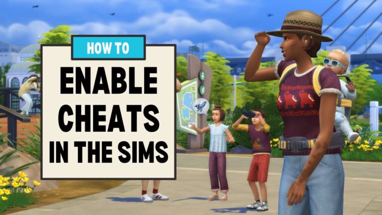 This image has a set of boxes on the left side and the text "how to enable cheats in The Sims 4" and beside that is a family going on a walk.