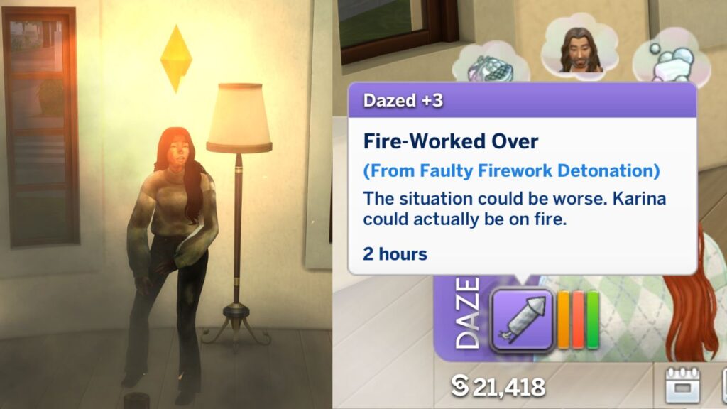 A screenshot from The Sims 4 showing a sim who lit a firework inside getting a +3 dazed moodlet