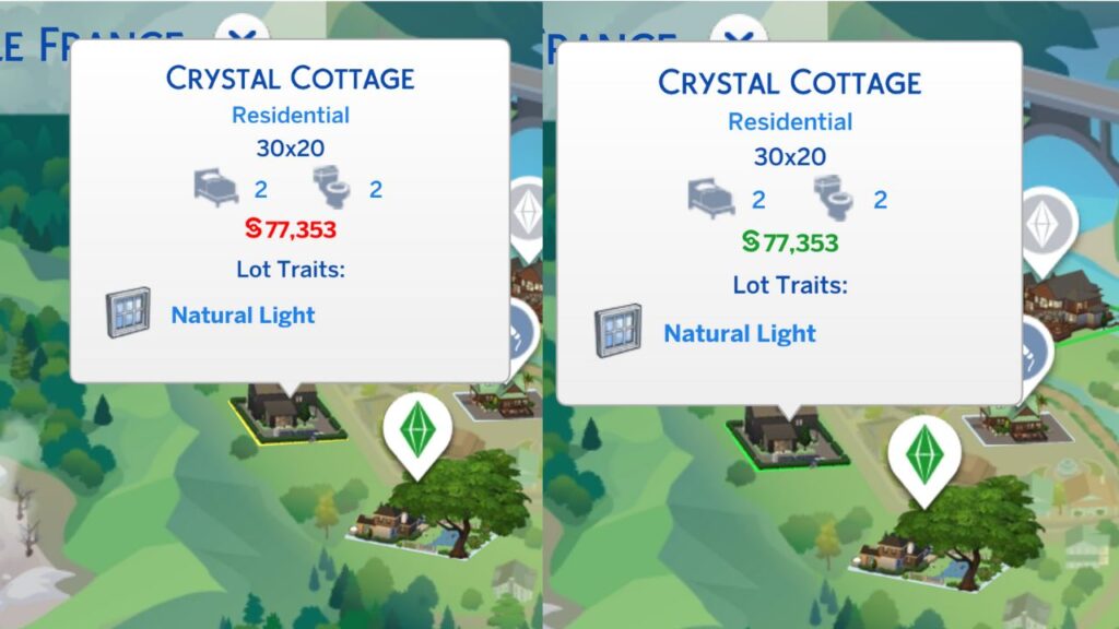 A screenshot from The Sims 4 showing the before and after effects of free real estate cheat 