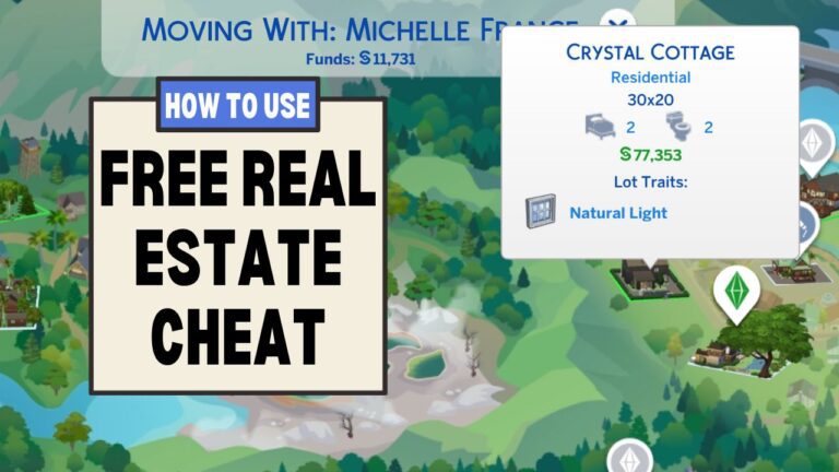 This image has a set of boxes on the left side with text that says "how to use free real estate cheat" and beside that is a houses costing 77K