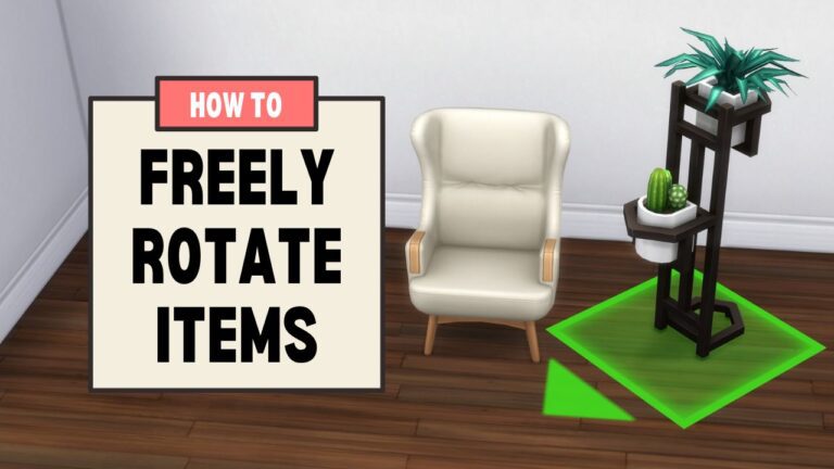 This image has a set of boxes on the left side with text reading "how to freely rotate items" and beside that is a chair and a plant being rotated.