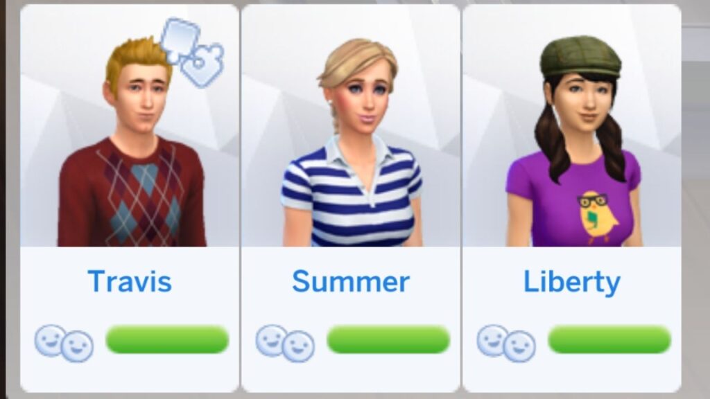 This image is a screenshot from The Sims 4 showing a sim's relationships panel. They have perfect friendship with travis, summer and liberty from cheats.