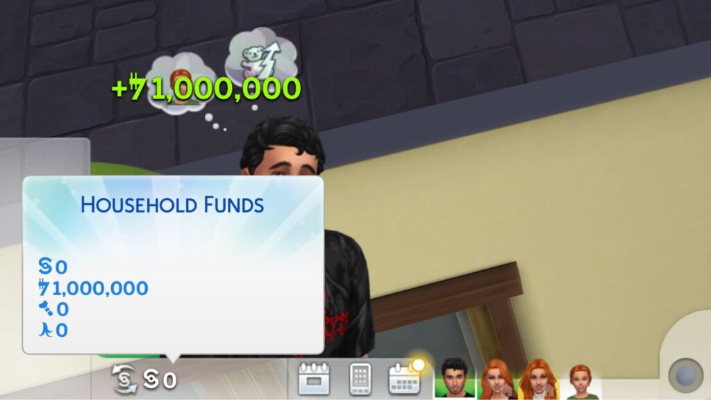 A screenshot from The Sims 4 showing a sim with 1,000,000 galactic credits