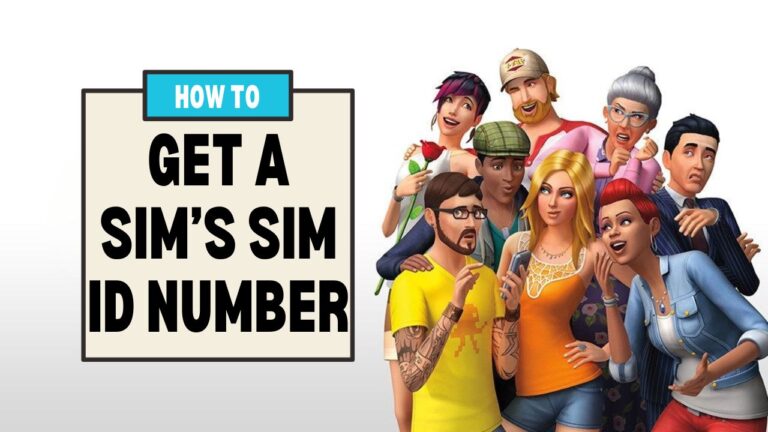 This image has a set of boxes on the left with text that says "how to get a sim's sim ID number" and beside that is a bunch of sims standing together.
