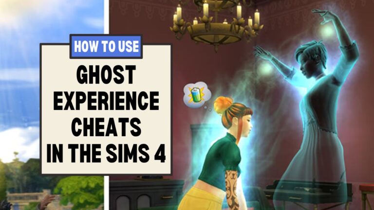 This image has a set of boxes on the left with "how to use ghost experience cheats in the sims 4" and beside that is a ghost lifting a sim off the ground.