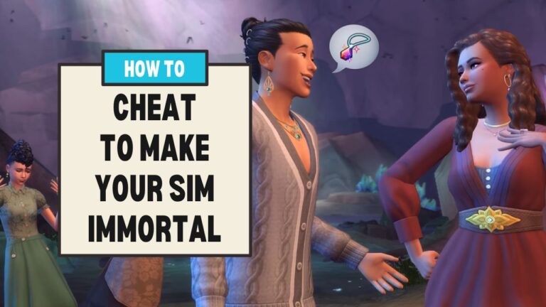 This image has a set of boxes on the left with text that says "how to cheat to make your sim immortal" and beside that are two sims chatting