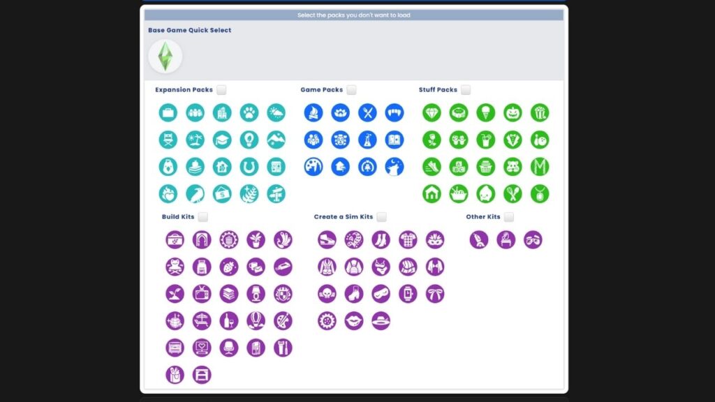 A screenshot from The Sims 4 showing the icons on the disable packs portion of James Turner's Website. 