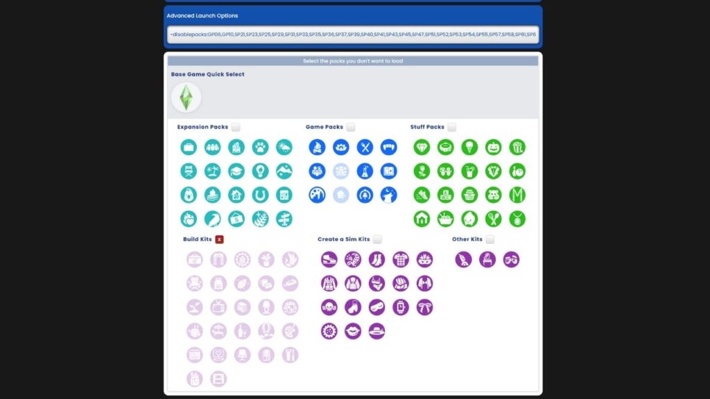 A screenshot from The Sims 4 showing the advanced launch options menu on James Turner's Website. 